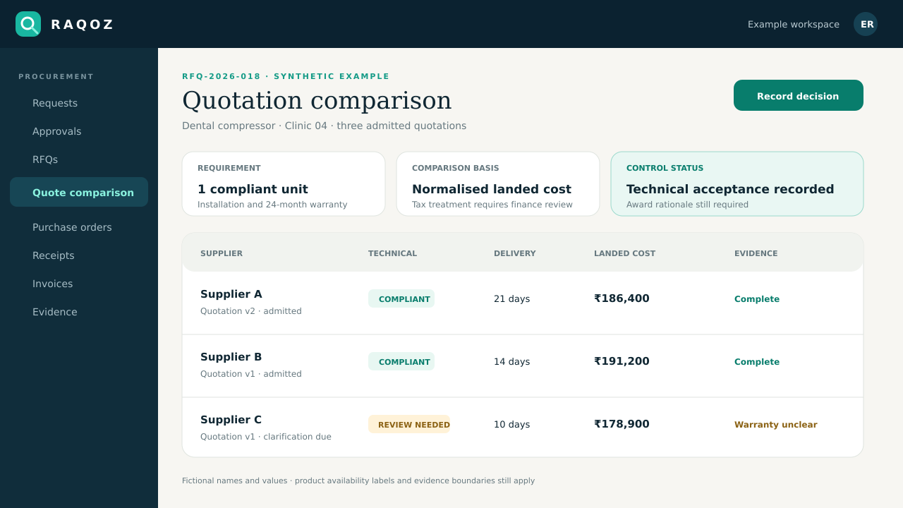 RAQOZ quotation comparison interface with synthetic supplier data
